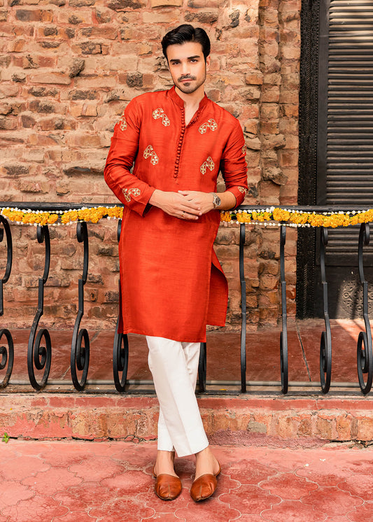 Rustic Orange Silk Embroidery Kurta