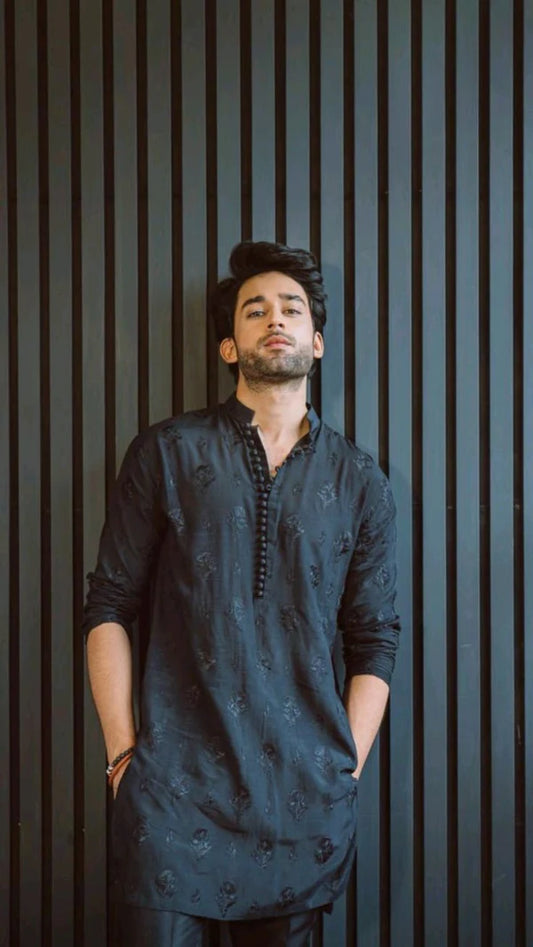 Celebrity Men Designer Embroidery Black Kurta